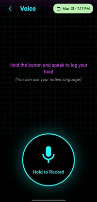 Multilingual voice input screen prompting user to hold button and speak to log food.